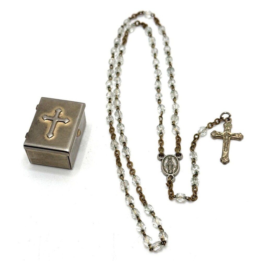 Vintage Crystal Bead Rosary with Small Metal Box